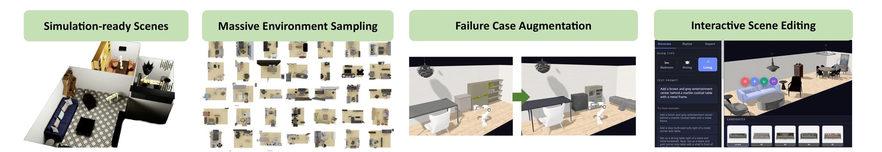 Four applications: simulation-ready scenes, massive environment sampling, failure case augmentation, and interactive scene editing.